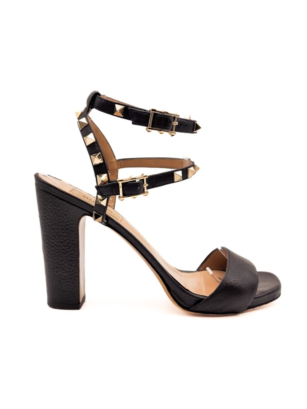 Valentino Garavani Rockstud Ankle-Strap Black Leather Block Heel Sandals EU 39
